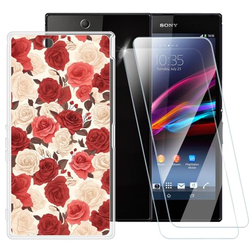ESACMOT Coque à motif rose compatible avec Sony Xperia Z Ultra XL39H + [lot de 2] protecteur d'écran en verre trempé, coque antichoc pour Sony Xperia Z...