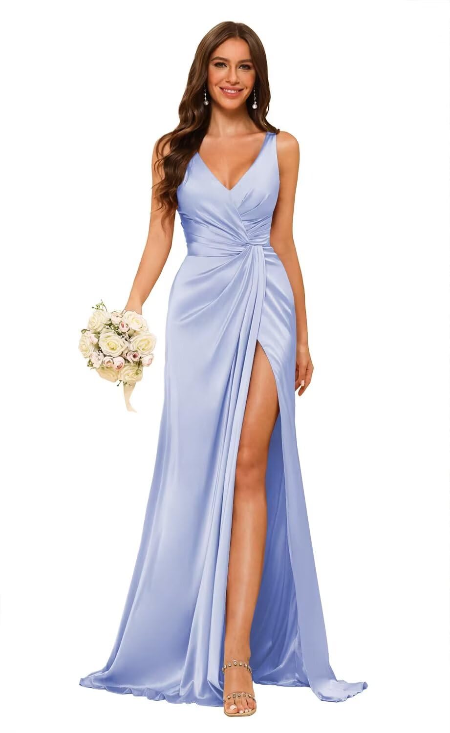 Womens V Neck Bridesmaid Dresses Sleeveless Satin Pleated Formal Dress with Slit 2025 LIN013