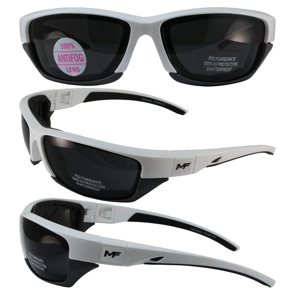 MotoFrames Swithback Padded Motocycle Riding Sunglasses/Goggles White and Grey Frame Smoke Lens With Removable Foam Padding