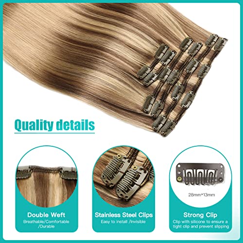 SURNEL 16inch Clip in Hair Extensions Human Hair 6pcs 100g Double Weft Clip in Extensions Balayage Ombre Color 10 Golden Brown Highlighted Fading to 16 Golden Blonde (C#10/16/16,16'') - Image 2