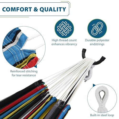Image of Vivere Double Cotton Hammock with Space Saving Steel Stand, Upgraded Polyester End Strings 450 lb Capacity - Premium Carry Bag Included (Rio Night)