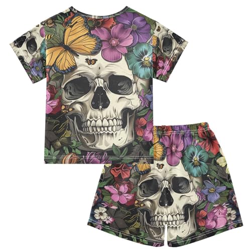 ALAZA Skull Flowers Butterflies Pajama Set Short Sleeve Sleepwear Soft Lounge Nightwear2