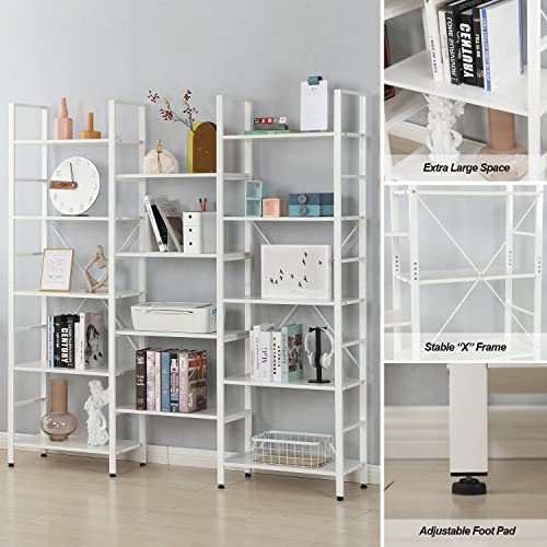 Mellcom Triple Wide 5 Tier Industrial Bookshelf, 14 Open Storage Cubes, Vintage Wood Bookcase, Cube Bookshelf With Antique Wood And Metal Frames For Living Room, Bedroom & Office, White #TOP1