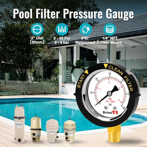 Image of Pool Filter Pressure Gauge, 304 Stainless Steel, IP67 Waterproof, 0-60 Psi /Bar, 2 inch Dial, 1 /4 inch NPT Bottom Mount, ±2% Accuracy, for Swimming Pool,Sand Filter Systems 1Pc, Taflon Tape Included