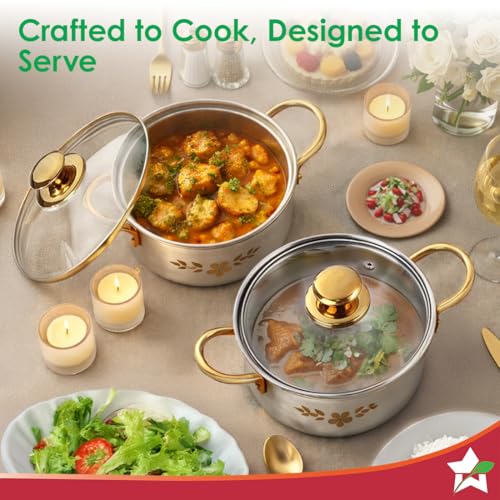 Image of Wonderchef Gold Stanton 2 Pc Casserole Set with Glass Lids, 20 cm /22 cm, Chemical-Free Food-Grade Stainless-Steel, Gold Finish, Use for Cooking & Serving, Stackable, Gift for Occasions, 1-Yr Warranty