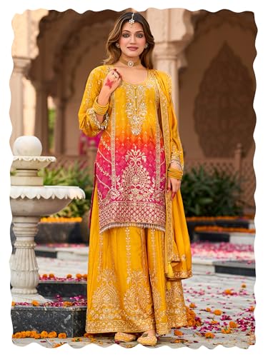 Image of INDO ERA Women's Silk Blend Embroidered Straight Kurta & Palazzo with Dupatta Set (IEOUT10598)