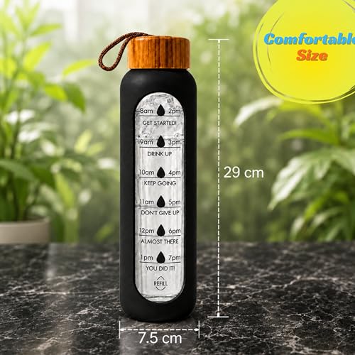 Image of Borosilicate Glass Water Bottle with Silicone Sleeve | Natural Bamboo lid | perfect for Home, Fridge, Office, Gym, Travel | BPA Free | Black