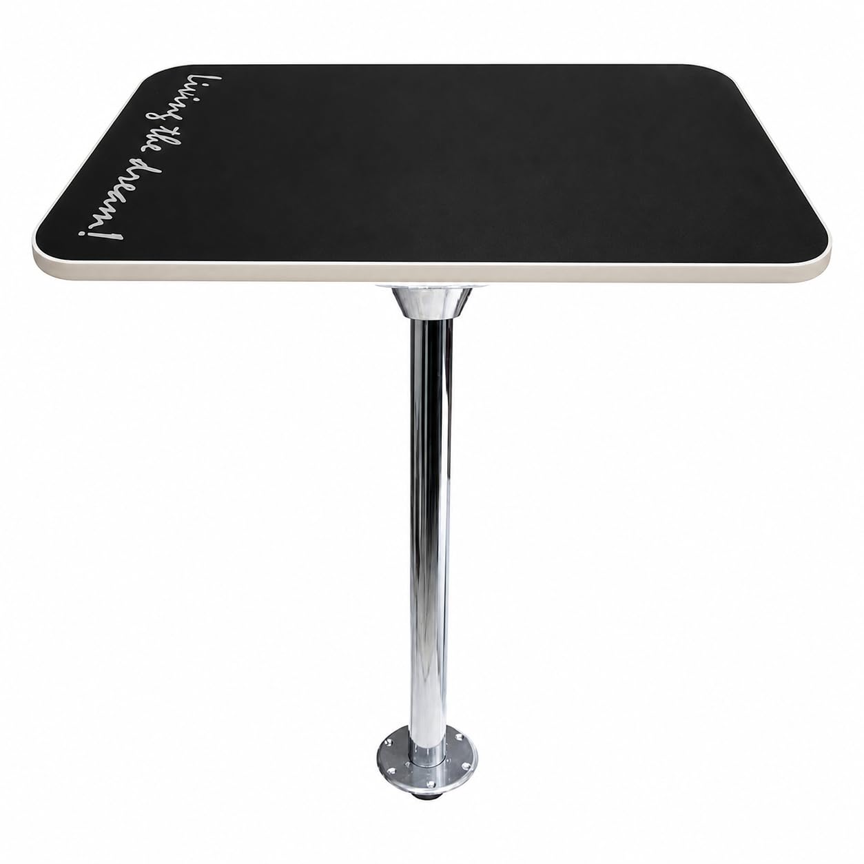SVAGO Caravan Table Leg Kit Floor Mounted Island System – Campervan Motorhome Pedestal Leg with Top, RV Boat Furniture Set 700mm Chrome (Black(Living the drem) logo + Grey Trim)