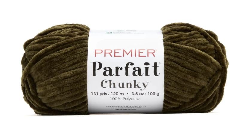 Image of Premier Yarns Parfait Chunky Chenille 3.5 Oz Super Bulky Weight 3 Pack Bundle with Bella's Stitch Place Holders (Dark Olive)