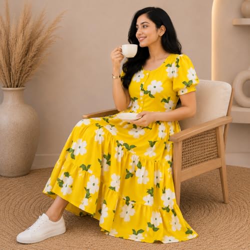 Image of Women's Floral Printed Rayon Tiered Midi Dress | Summer Comfortable Yellow Flare Kurti Lightweight Use Summer Outfit for Girls & Women