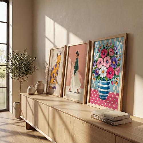 Image of NoWorries Modern Cat Illustration Wall Art Framed Painting Set of 3 | Minimalist Woman Portrait Prints with Frame | Colorful Floral Vase Artwork | Boho Scandinavian Home Decor Wall Frames for Living Room, Bedroom and Office Wall Gallery (Ready to Hang) (Art-11, 13x19inch, Wooden)
