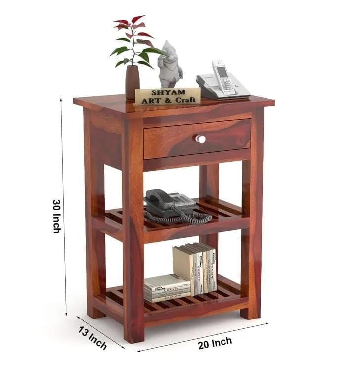 Image of SHYAM ART & CRAFT Sheesham Wood Bedside End Tables for Bedroom Living Room Telephone Table with 3 Drawers Storage Accent Table Office Furniture for Home | Brown