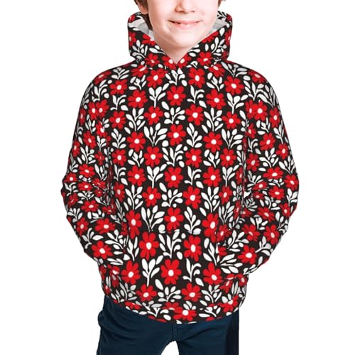 Red Floral Kid Hoodies Boys Sweatshirts Girls Pullover with Pocket3
