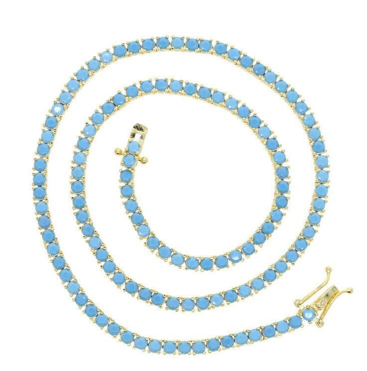 4mm Turquoise Tennis Necklace, Gold Plated Chain, Light Blue Stone