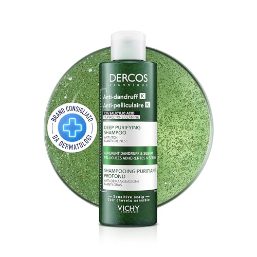 Vichy Dercos Anti-Schuppen K, Tiefenreinigendes Shampoo für fettige und empfindliche Kopfhaut, Bei hartnäckigen Schuppen und Ablagerungen, Keratolytische und antimikrobielle Wirkung, 250 ml