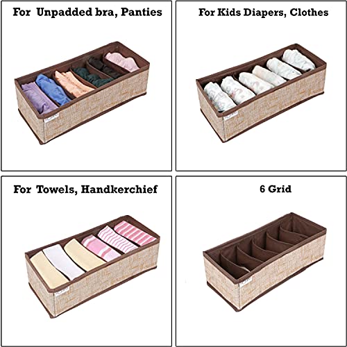 Image of HOKIPO Fabric Undergarment Organizer Storage Box For Drawers Bra Panty Socks Tie Lingerie Organizer For Wardrobe, 6 Grid, Brown (In-336), Drawer Organizers