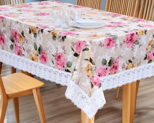 Image of Dakshya Industries Waterproof PVC Table Cover 60x90 Inch for Dining Table, Floral Printed Table Cloth, Washable Oilproof Table Protector, Plastic Cover for 6 Seater & 8 Seater Tables