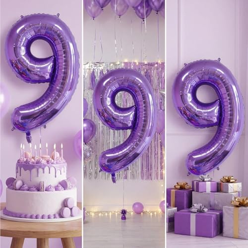 Image of Number Balloons for Birthday Decorations - 40 Inch Large Party Balloons 9, Purple Foil Number Balloons for Boys Girls, Balloons for Party Supplies