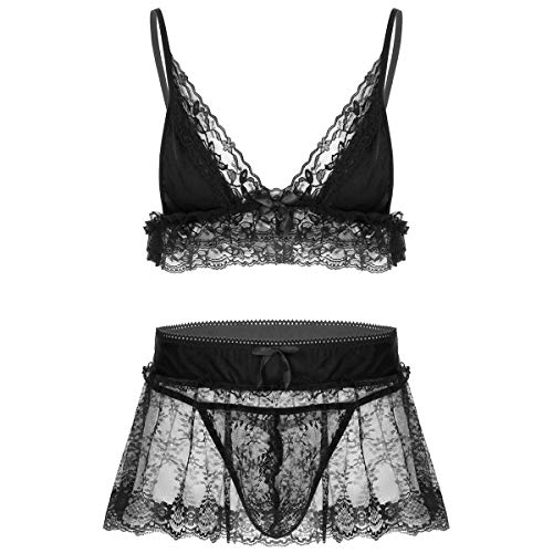 Men's Floral Lace Sissy Lingerie Wire-Free Bra Top with Skirt Thongs Crossdress Pajamas Sleepwear