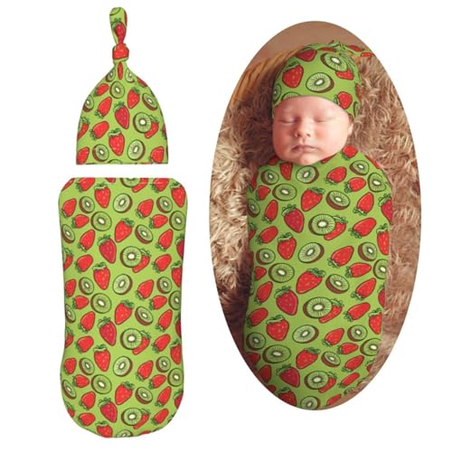 Image of Kiwis and Strawberries Newborn Swaddle Blankets Hat Sets Soft Baby Receiving Blanket Swaddle Sack for Baby Shower Infant Boy Girl Gift