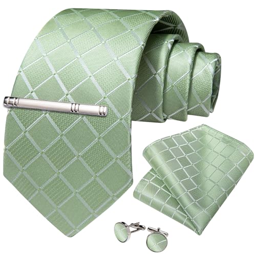 Image of DiBanGu Mens Silk Plaid Tie and Pocket Square Set | Elegant Silk Formal Tie Set, Woven Check Necktie and Cufflinks Tie Clip Set, Perfect for Wedding Party, Comes in Gift Box
