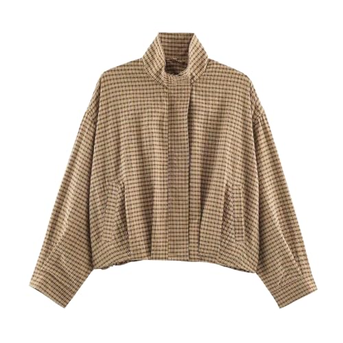Plaid Bomber Jacket Women Oversized Cropped Funnel Neck Gingham Jacket - image 1