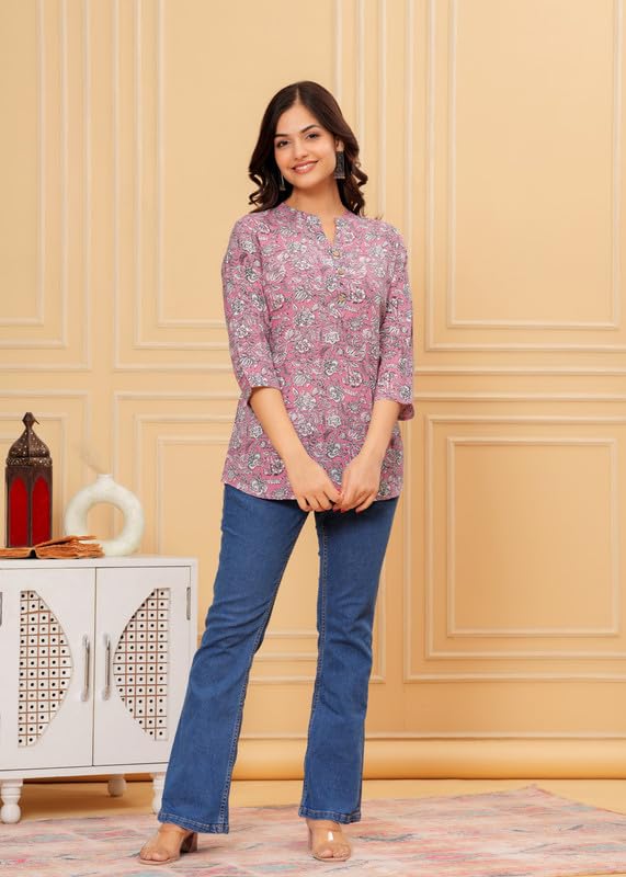 Image of Women's Cotton Printed Kurta Top | 3 /4 Sleeve Straight Kurti Casual Outings