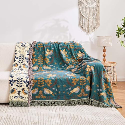 Image of XIBLC Boho Throw Blanket, 100% Cotton Ultra Soft Luxury Throw Rustic Quilt, 50 inchx60 inch Floral Printed Farmhouse Decor Bed Summer Blankets, All Season Reversible Bohemian Throw for Bed