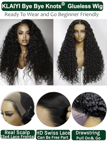 Image of KLAIYI Water Wave HD Real Scalp Glueless Precut 13x4 Lace Front Human Hair Wig Drawstring Bye Bye Knots Pre Plucked Bleached Pre Everything 30S Ready to Wear and Go Deep Curly Wave Beginner Wig 24Inch