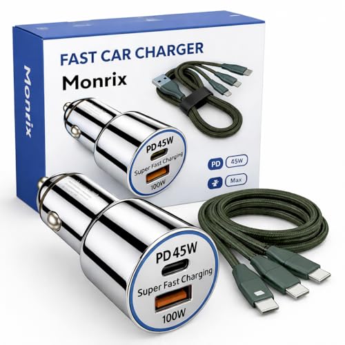 Image of 145W Fast Charging Car Charger with Dual Output 100W QC USB & 45W PD Type-C Adapter for iPhone, Android, Smartwatch, Earbuds & Power Bank