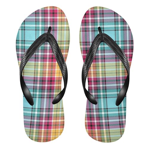 Yellow Pink Plaid Flip Flops for Beach Thong Sandals Anti-slip Lightweight Shower Shoes for Summer Swim Travel