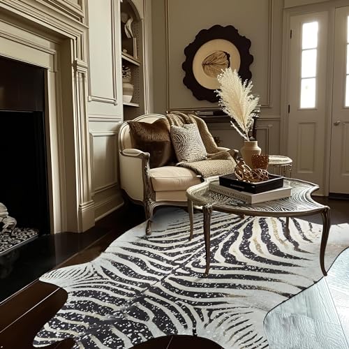jinchan Zebra Area Rug with Silver Foil 5x7 Faux Cowhide
