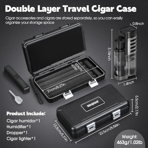 Cigar Humidor, Portable Travel Cigar Box, Double Cigar Humidor with Separate Storage for Cigar Accessories, Cigar Travel Case with Cigar Lighter(No Butane), Holds 5 Cigars (Black) - Image 3