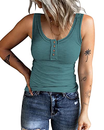 WAYMAKER Women s Sleeveless Henley Tank Tops Ribbed Scoop Neck Button Down T Shirts Summer Casual Basic Cami Slim Fit Tee Tops Blue Medium