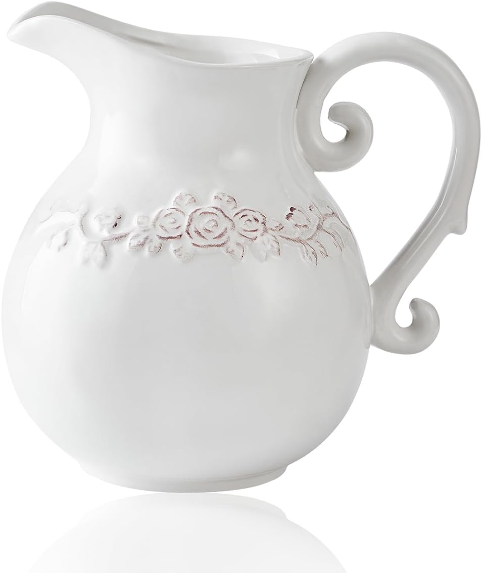 Ceramic Pitcher White Flower Vase, Farmhouse Ceramic Jug Vase for Home Décor, 7.3 inch Height.