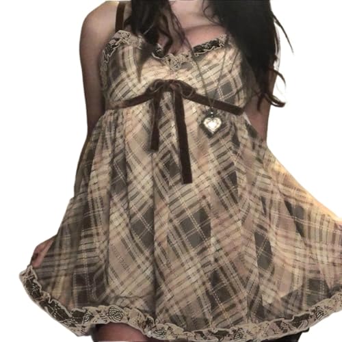 JOLILUNA Fairy Grunge Plaid Dress for Women Y2K Emo Dark Coquette Bow Dress Gothic Harajuku Vintage 2000s Clothes (Brown,Medium)