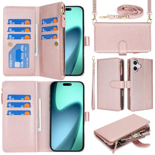 Jaorty Crossbody Wallet Compatible with iPhone 17 Phone Case for Women Men, with Card Holder,6.3 Inch, Purse with Shoulder Lanyard,[Wrist Strap], Zipper Pocket PU Leather, Rosegold