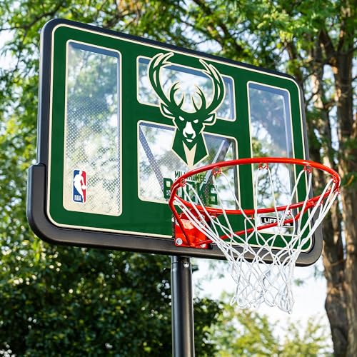 Image of Lifetime NBA Milwaukee Bucks Portable Basketball Hoop, Adjustable Height 7.5-10 Ft, 44 Inch Shatterproof Fusion Backboard, Base with Wheels