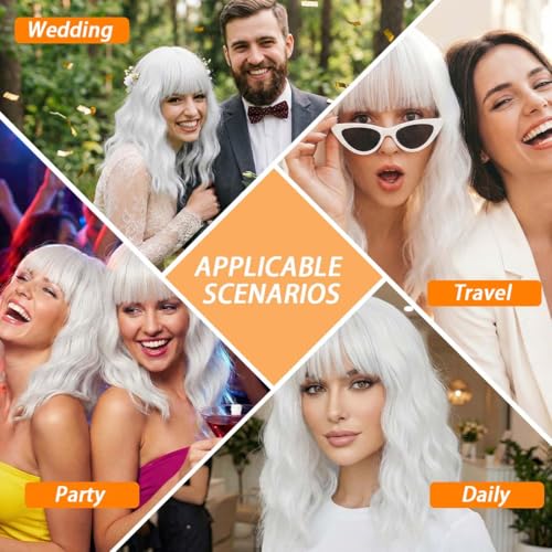 Image of Pastel White Wavy Bob Wig for Women, Short Shoulder Length Synthetic Wig with Bangs, Matte Natural Realistic Look Lightweight Hairpiece, White Color for Daily Wear & Cosplay Costume