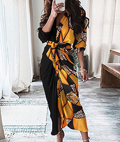 Image of FYEARFOX Women's Button Down Shirt Dress Ruched Split Maxi Dresses Long Sleeve Wrap V Neck Tie Waist Party Clubwear