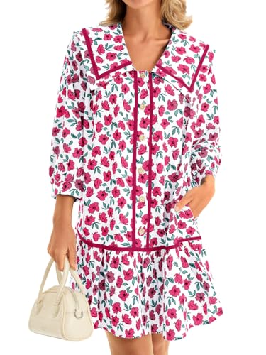 Image of Wenrine Womens Casual Shirt Dresses 3 /4 Long Sleeve Floral Button Down Flowy Babydoll Fall Mini Dress