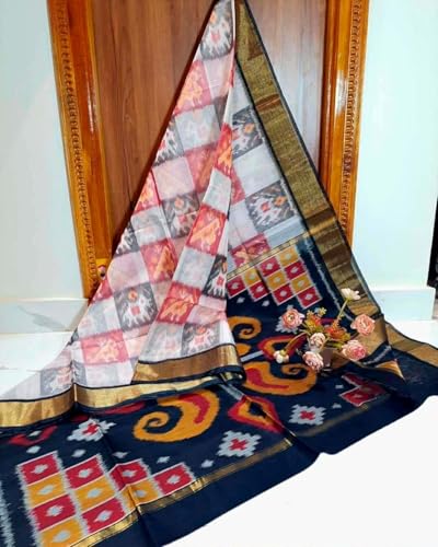 Image of AYYAPPASILK Women's Exclusive Ikkat Silk Saree for Designer Border with Contrast Blouse