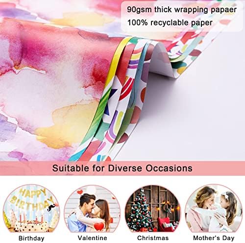 Wrapping Paper 12 Sheets Rainbow Birthday Wrapping Paper, Recycled Gift Wrapping Paper Women Girls Boys Gift Wrap for Birthday, Christmas, Valentine, Wedding, Party (50X70CM)