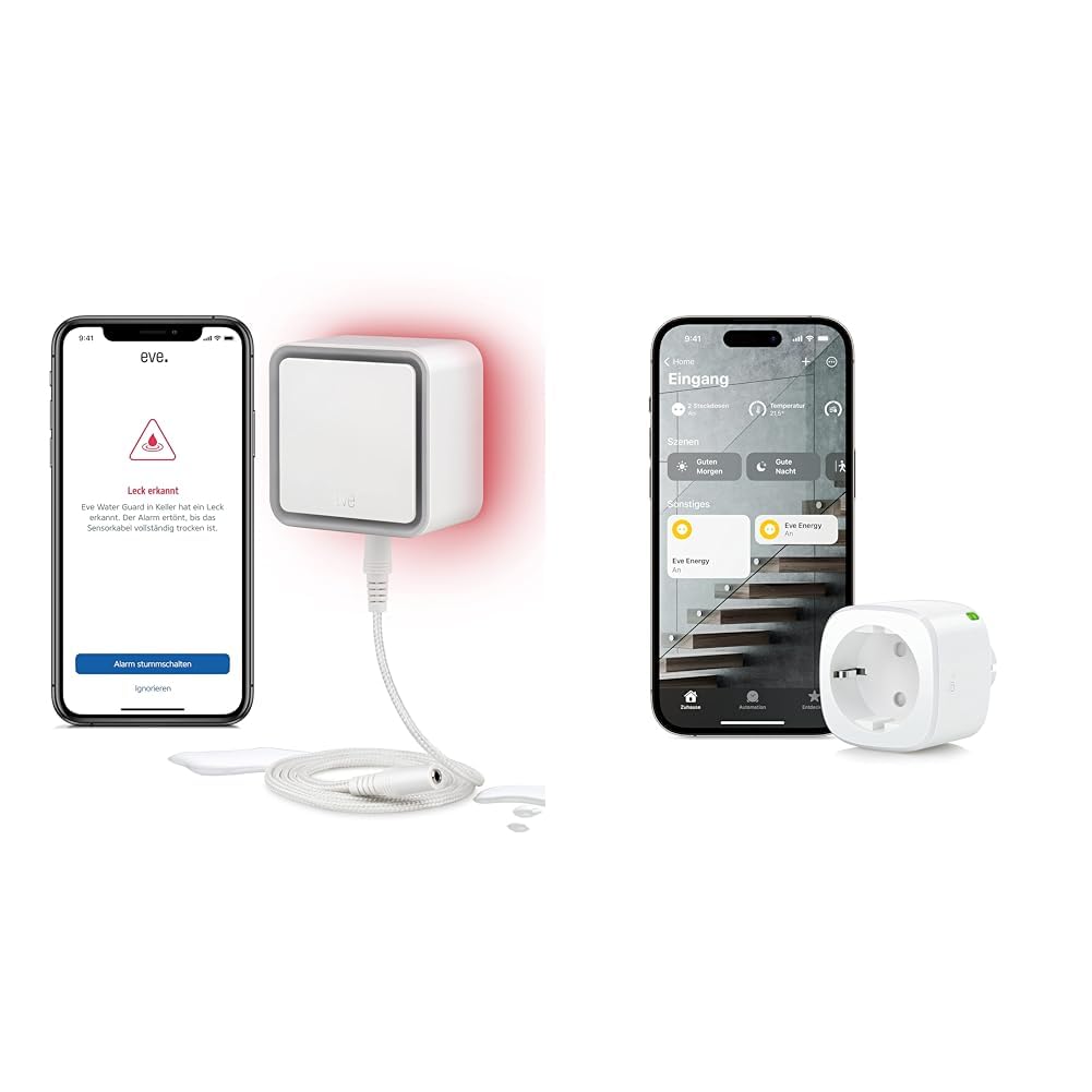 Eve Water Guard - Smarter Wassermelder, 2m Sensorkabel (verlängerbar) & Energy (Matter) – Smarte Steckdose, Matter & Thread
