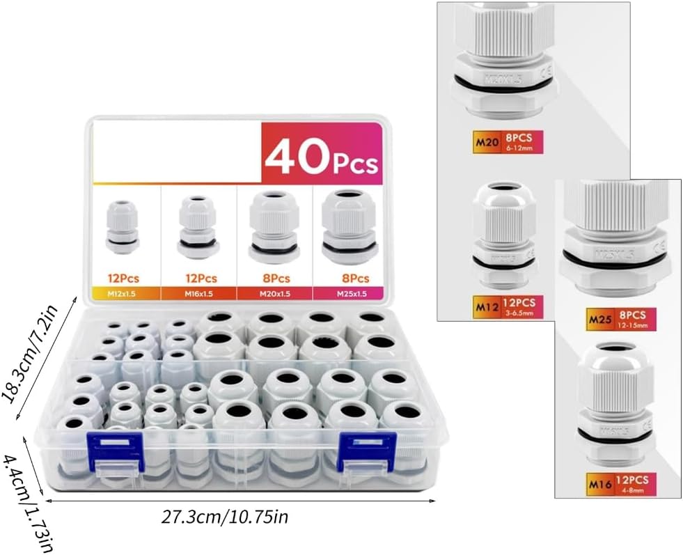 40Pcs Cable Glands Waterproof Adjustable 3-15mm Cable Connectors with Gaskets Waterproof Cable Bushings Accessories
