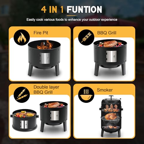 MASTER COOK 16 inch Charcoal Smoker, Vertical BBQ Grill, Heavy Duty 4 In 1 Fire Pit with built-in Thermometer & Adjustable Vent System for Backyard Patio Camping