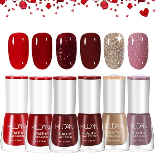 Lot de 6 vernis à ongles - Séchage rapide et longue durée - Vernis à ongles Red Shimmer - Vernis de couleur non toxique à base d'eau - Vernis à ongles à...