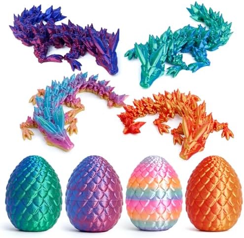 4PCS 3D Printed Dragon Eggs with Dragon Inside, Mini Mystery Egg Articulated Crystal Fidget Toy, Home Office Decor Executive Gift, Surprise 3D Printed Animals Toy Set (Set A)