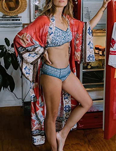 Eddoyee Print Bikini Cover Ups Long Sleeve Swimwear Women Print Beach Kimono Cardigan With Belt Swimsuits Red #TOP6