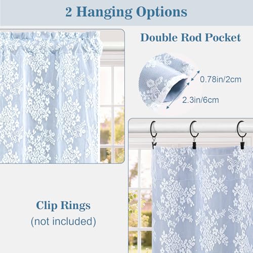 Image of Yinhua Blue Kitchen Curtains 36 Inch Length Double Layer Blackout Cafe Curtains with Floral Sheer Overlay Rod Pocket Short Curtain for Windows, Small Window Curtain for Bathroom, Living Room, 2 Panels